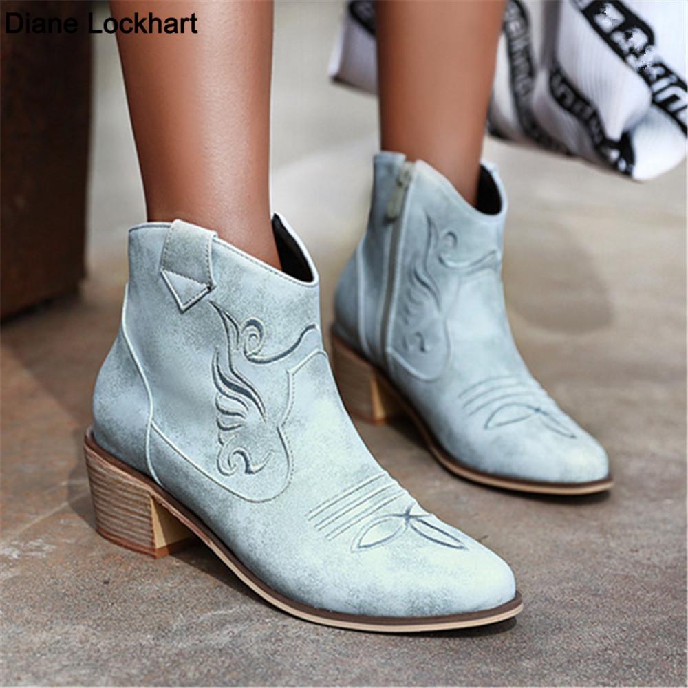 Winter New Pointed Toe Western Cowgirl Boots Cowboy Boots Shoes Women Ankle Boots Cossacks Femal Shoes Chelsea Botas Mujer