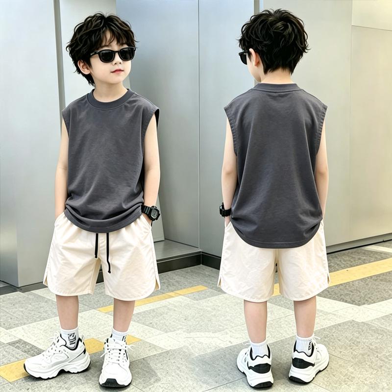 Boys' Trendy Cotton Sleeveless Vest & Shorts Set - Summer Two-Piece for Medium and Large Children