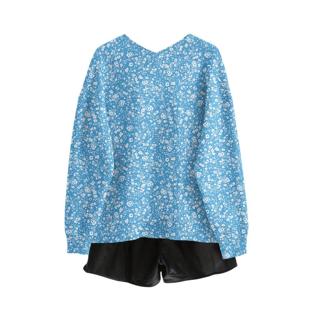 Women's V Neck Top Printing Thickened Plush Cashmere Warm Long Top
