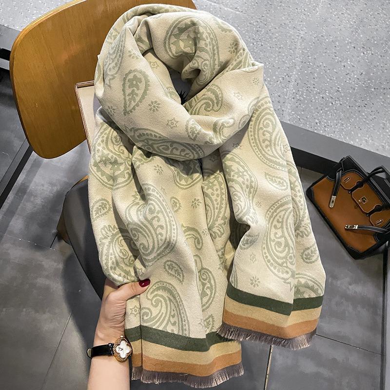 Winter new high-end green cashew imitation cashmere scarf shawl dual-purpose double-sided warm student scarf