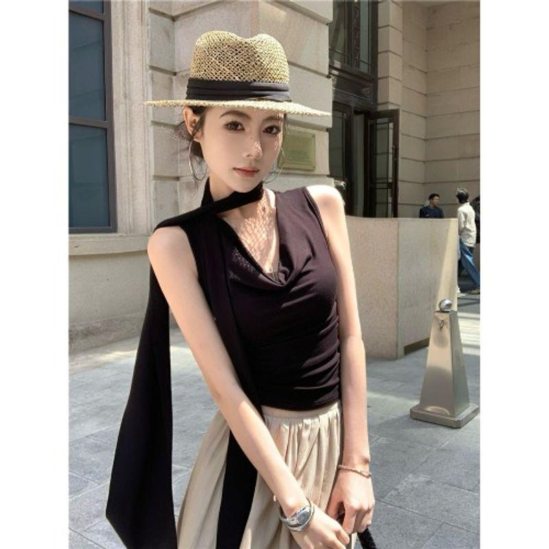 

Kumikumi High Sense Black Swing Collar Ribbon Vest Sling Women Summer Slimming Skirt Long dress Black T-Shirt L