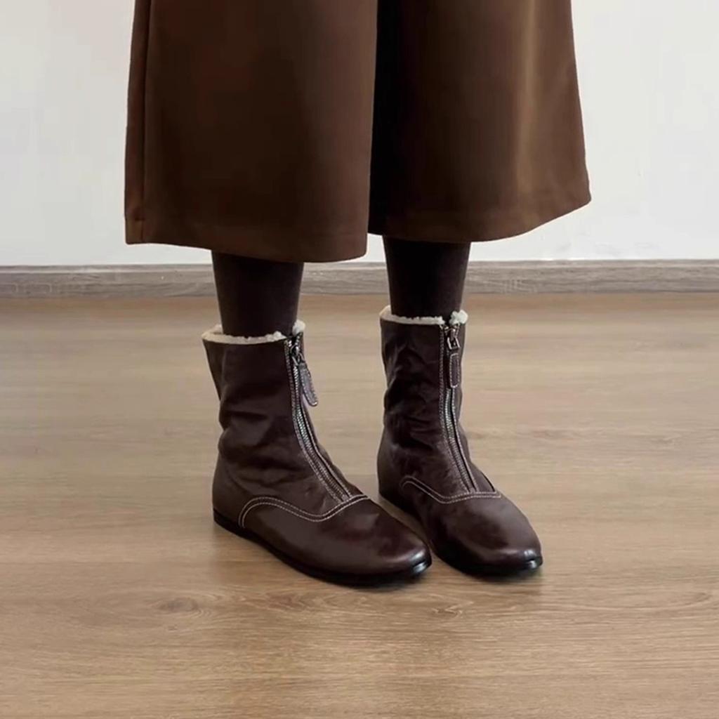 British Style Retro Square Toe Short Boots for Women 2026 New Style with Plush Warm Front Zipper Fashionable Boots