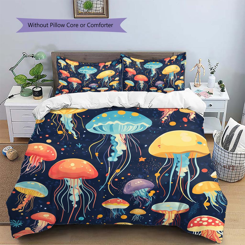 Colorful jellyfish  Pattern Bedding Quilt Set Quilt Cover Pillowcase Home Decoration  Gift (1 * duvet cover + 2 * pillowcase, without core)