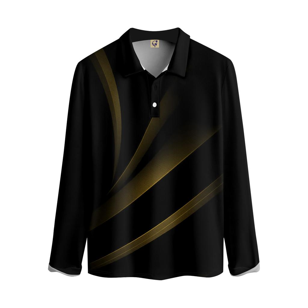 Herren-Revers-Langarm-bedrucktes Freizeit-Oberteil, lockeres Sport-Revers-Hemd