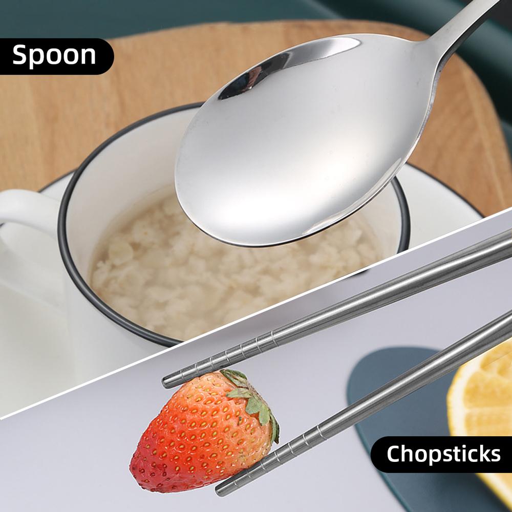 4 Set Chopsticks Spoon Cutlery Set Reusable Stainless Steel Non-slip Sushi Sticks Food soup Spoon Dinnerware Set