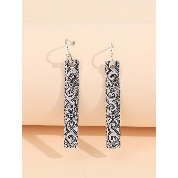 1 Pair Vintage Distressed Vertical Striped Floral Relief Drop Earrings, Long Earrings With Tang Grass Pattern