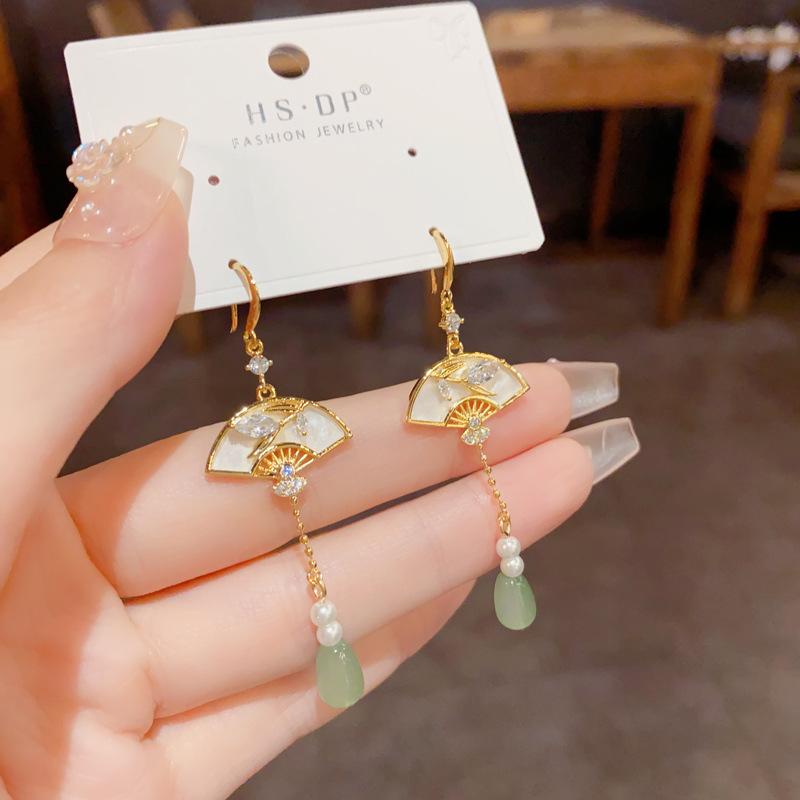 New Chinese Style Fashion Long Folding Fan Tassel Earrings