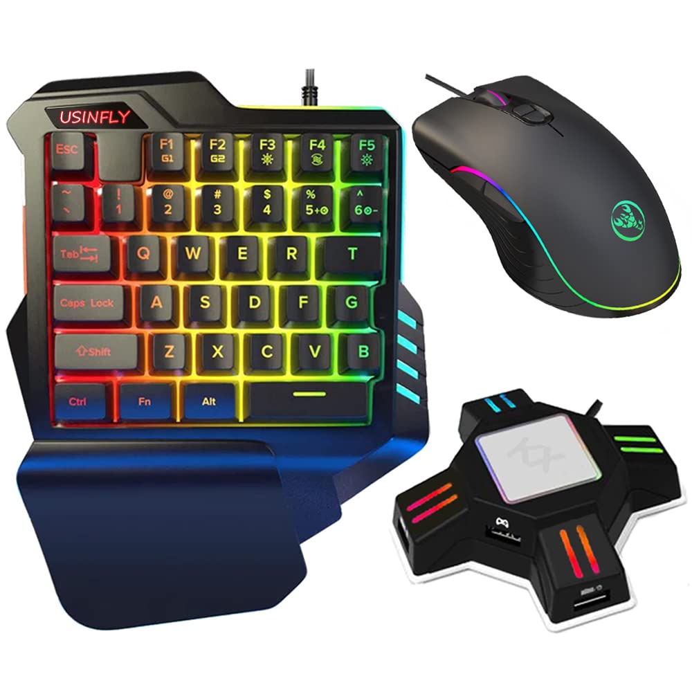 Gaming Keyboard and Mouse Set with Dedicated Converter, One-Handed Keyboard for Fortnite, Compatible with SwitchSwitch LitePS4PS3Xbox, RGB Keyboard