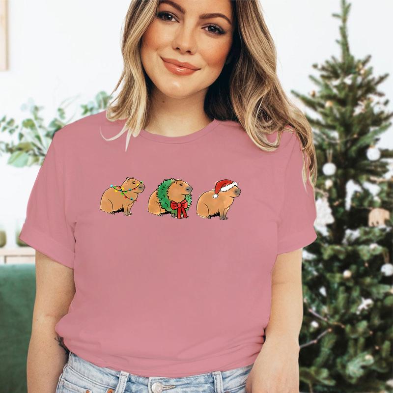 Merry Christmas Capybaras Print Women Fashion Casual Tshirts Capybara Kawaii Cartoon Tee Capybaras Lover Christmas Gift Tshirt