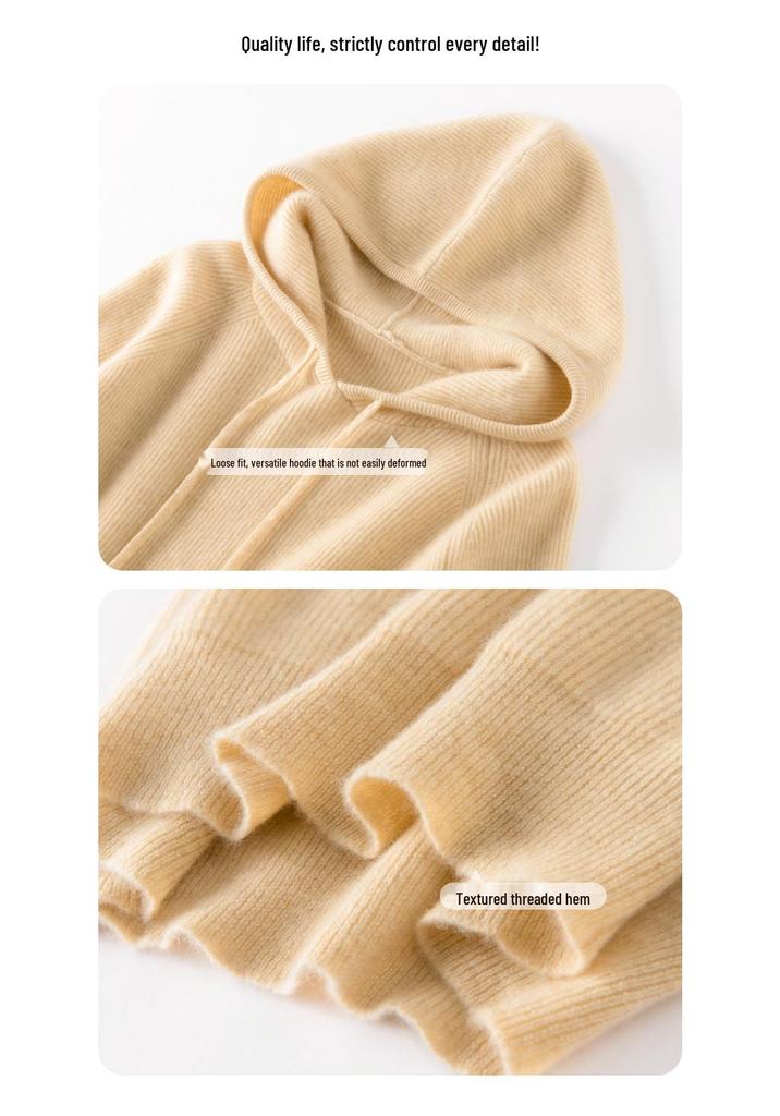 Women's Cashmere Drawstring Hoodie: Autumn & Winter Long Sleeve Knit Sweatshirt