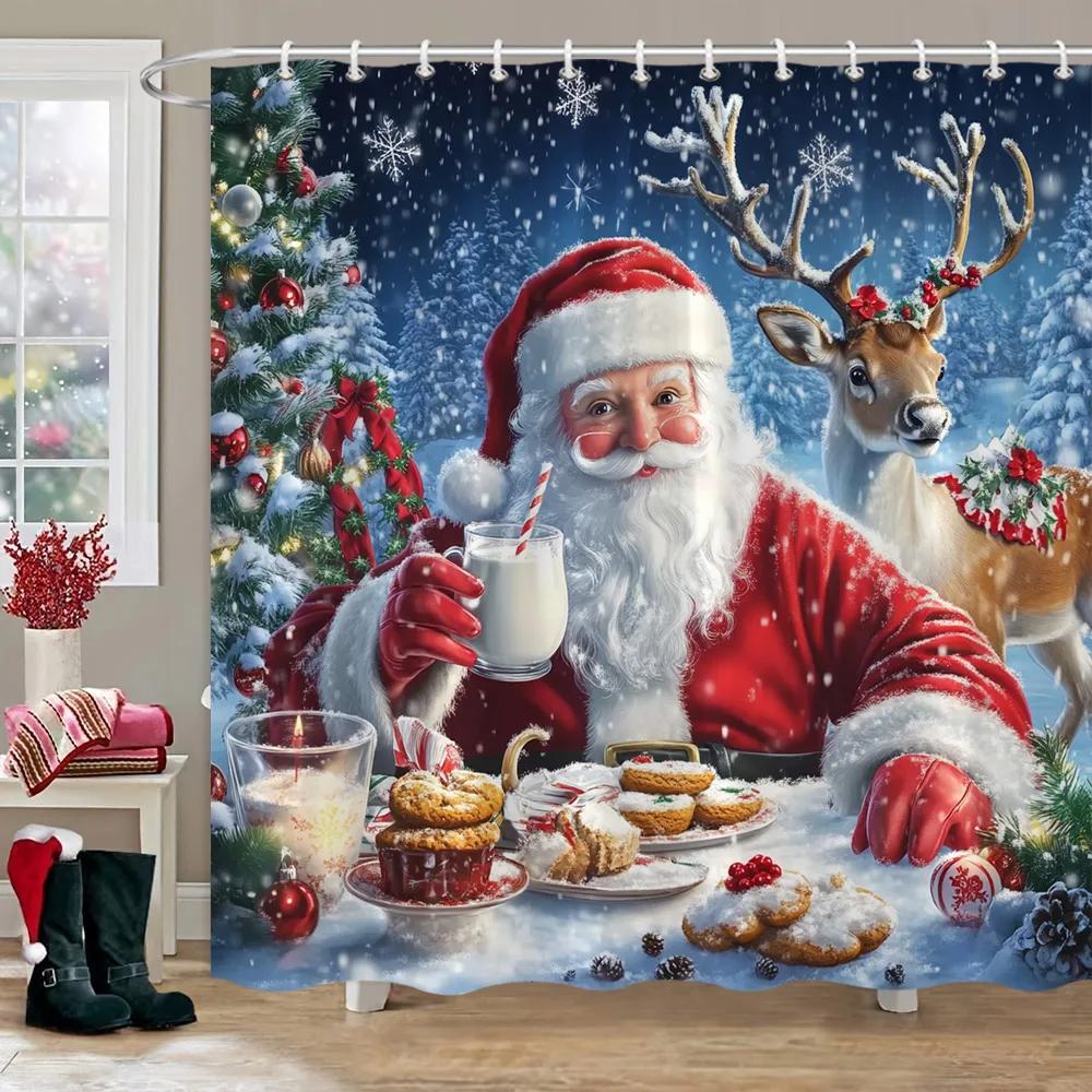 Christmas Snowman Shower Curtain Merry Santa Elf Deer Red Truck Polyester Fabric Printed Bath Curtains Bathroom Decor With Hoo