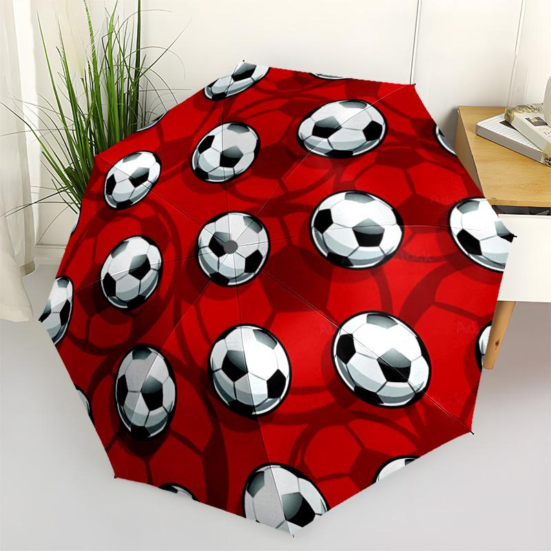 1pc Soccer Pattern Automatic Folding Umbrella - Compact 8-Rib Design, Durable Plastic & Iron, Lightweight for Outdoor Daily Use031