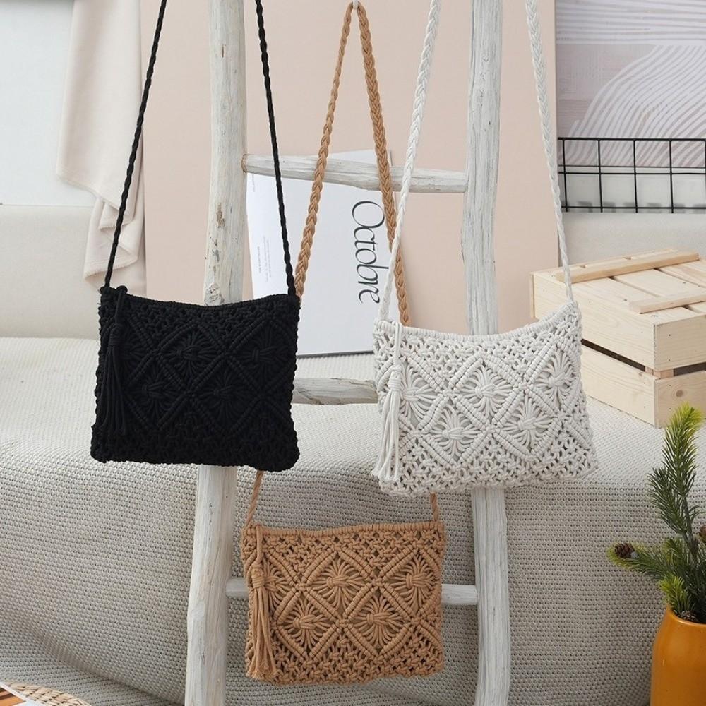 New Retro Style Messenger Bag Hollow Out Rectangular Shoulder Bags with Tassel Crossbody Bag Outdoor Activities
