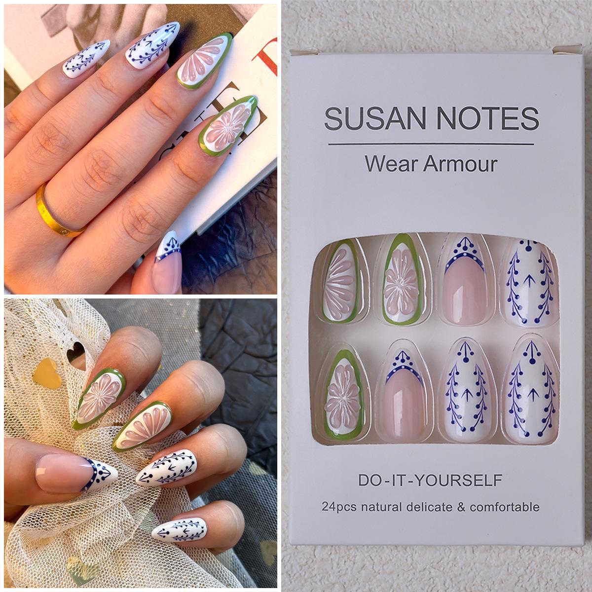 24-Piece Summer Lime Almond French 3D Handmade Wearable Faux Nails Set