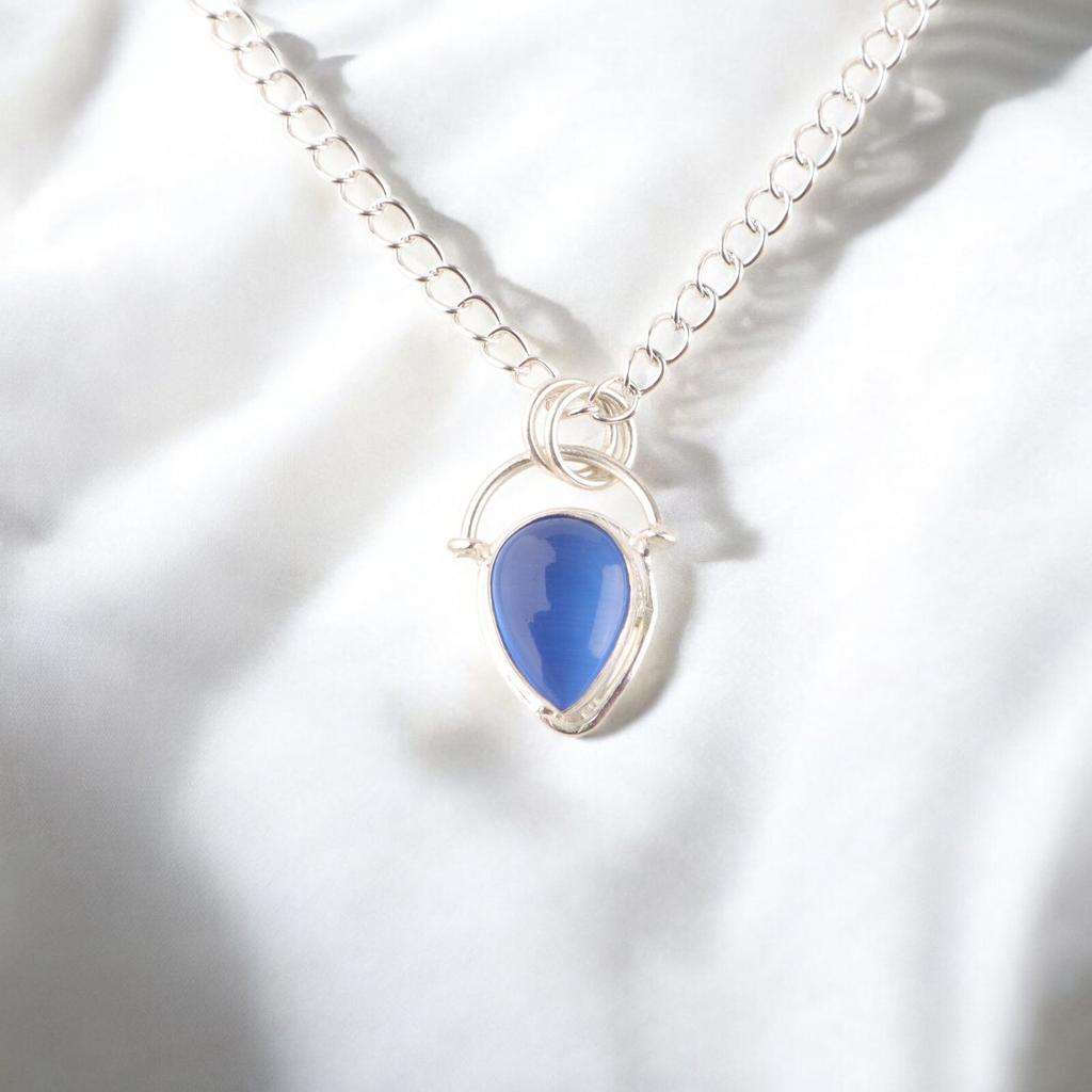 Dark Blue Cat's Eye Gemstone 925 Stamped Silver Jewelry Handmade Unique Pendant PP-56-37