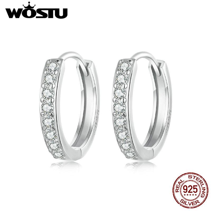 WOSTU 925 Sterling Silver Simple Zircon Round Hoop Earrings for Women European Classical Rock Hoops Wedding Jewelry Accessories