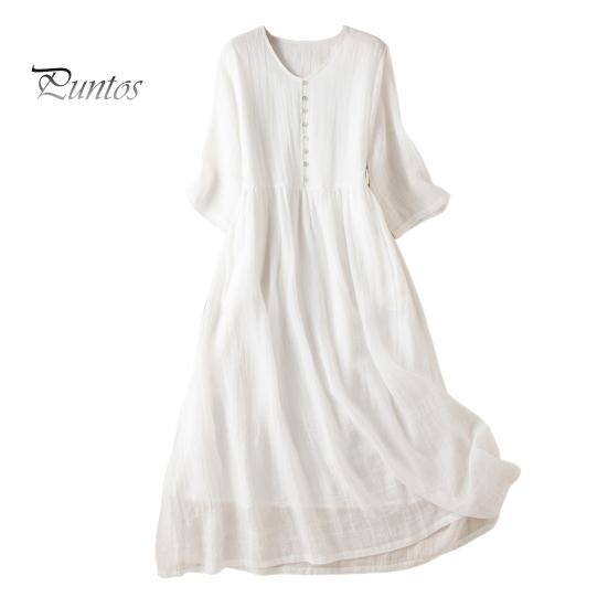 Léto Jaro Ženy Šaty Polorukávy Výstřih do V Linie A Volný lem Jednobarevný Knoflíček Dekor Dvouvrstvé řasené šaty Midi Délka do půli lýtek