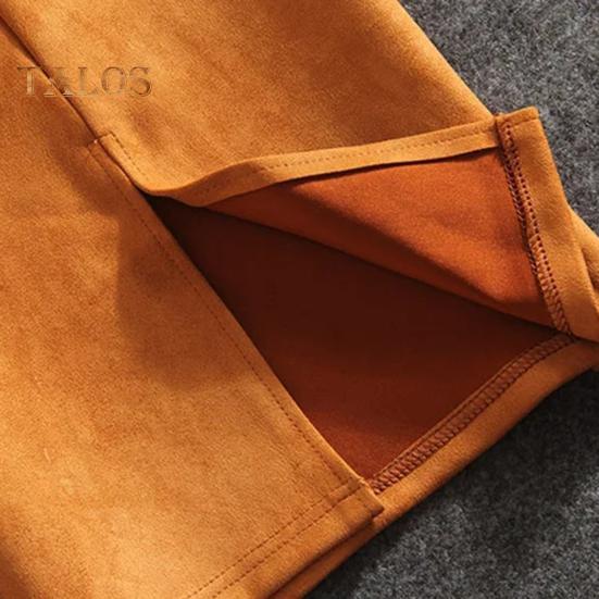 Fusta creion pentru femei, cu talie înaltă, cu șold înfășurat, de culoare uni, din piele de căprioară, cu design cu fantă în spate, cu fermoar, până la genunchi.