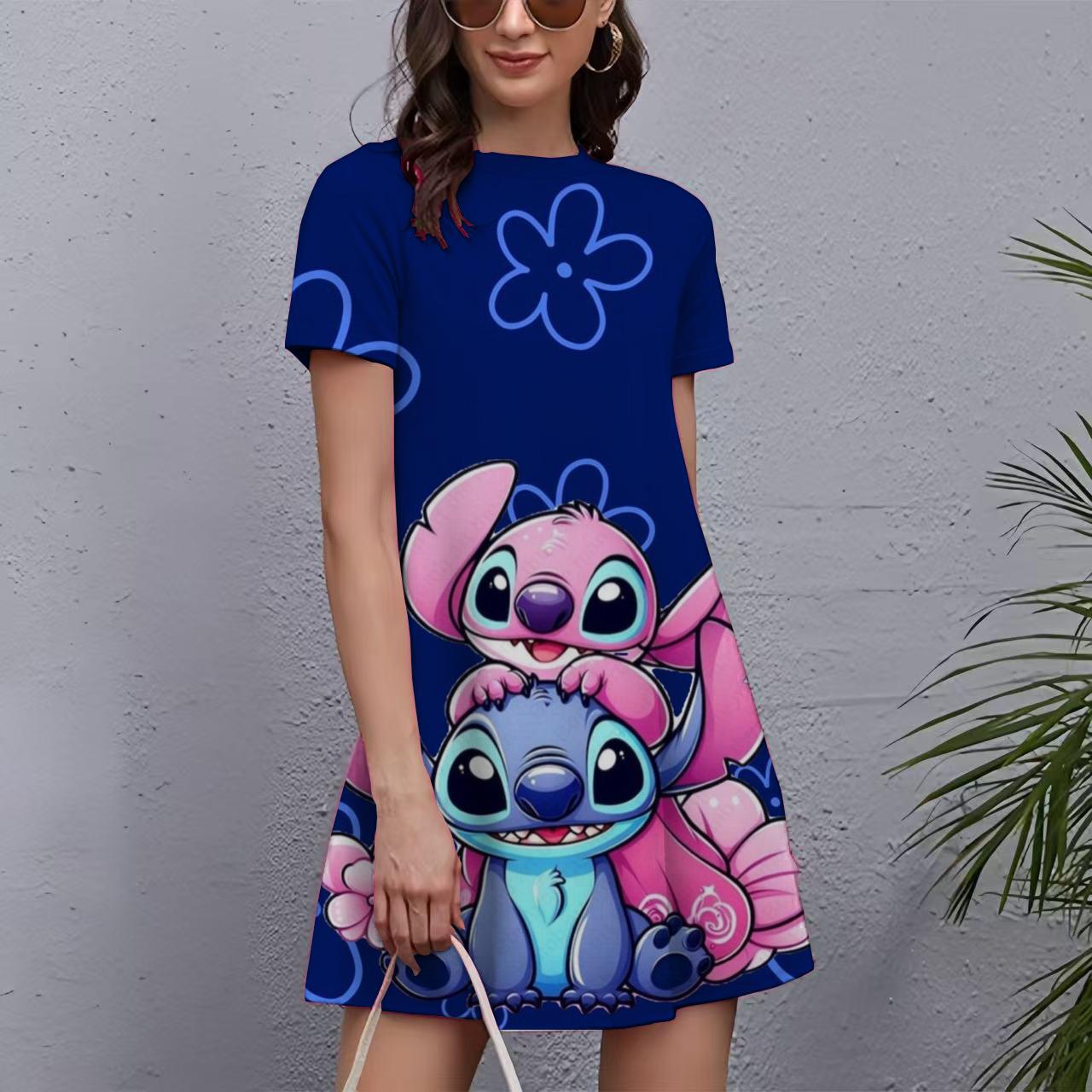 Šaty s potlačou Stitch pre ženy 2025 Nový rok Krátke rukávy O-výstrih Šaty Oversized Dámske Vianočné Zábavné Dámske Párty šaty 7XL