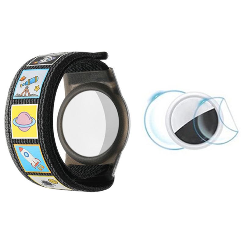 TPU Case for AirTag Cartoon Magic Tape Nylon Band Loop Wristband,with Front Back Film Set