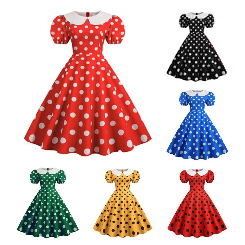 

Women Retro 50s 60s Hepburn Swing Rockabilly Polka Dot Print Short Sleeves Midi Dress Bridal Host Wedding Bride Bridesmaids Party Gowns S