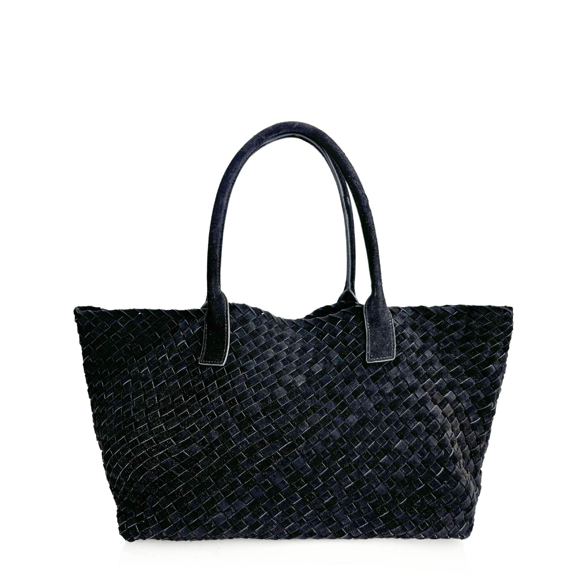 

Натуральна шкіра та тканий кошик для овочів, верхній шар, матова коров яча шкіра, підтримка надзвичайно великої місткості під пахви, ручна велика сумка для жінок 38x18x28cm strapless чорний