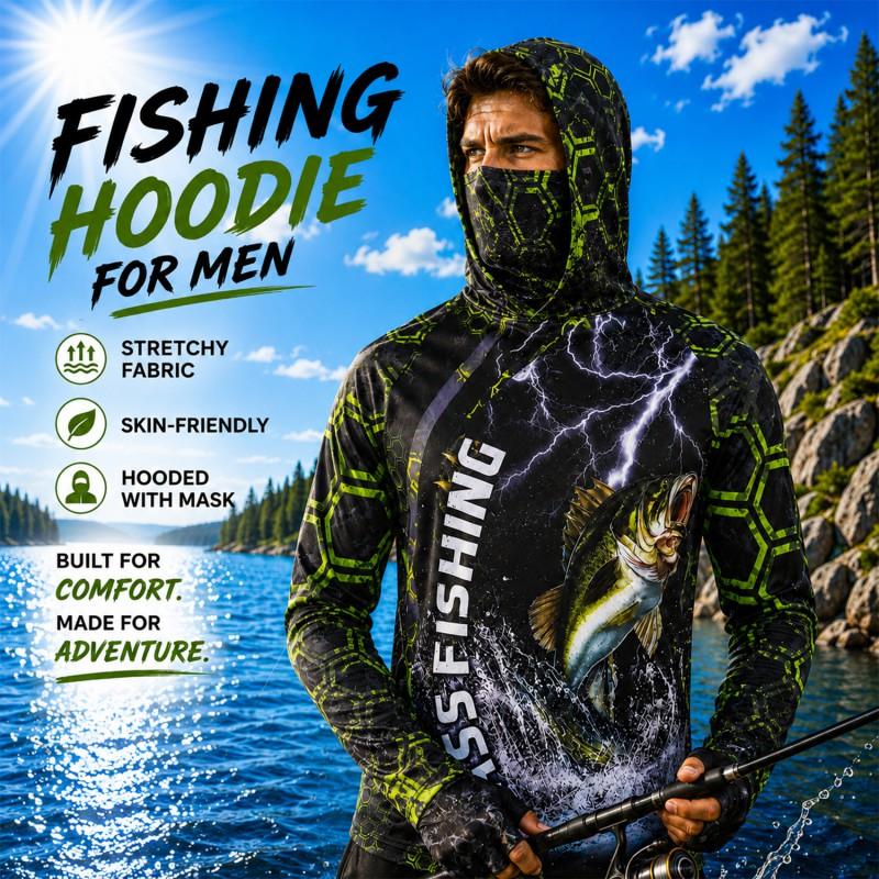 Mens UPF 50 Quick-Dry Fishing Hoodie With Face Cover Breathable Sun Protection Shirt Outdoor Angling Hiking Cycling