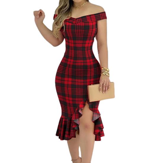 Abito da donna sexy con spalle scoperte, spacco, volant, tinta unita, a quadri, aderente, al ginocchio