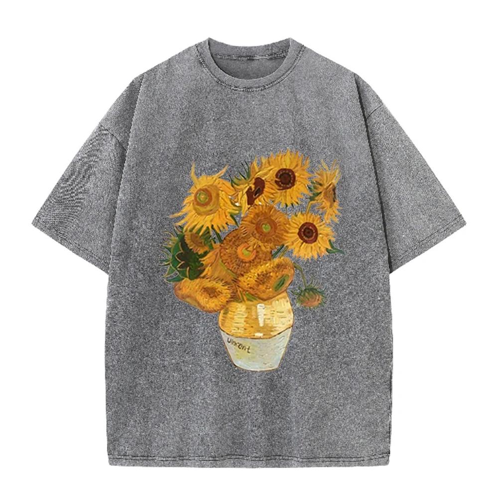 2026 Vintage Schwarz gewaschen Van Gogh Sonnenblumen Ölmalerei Grafik T-Shirt Retro Kunstdruck Übergroß Lässig Kurzarm Tee