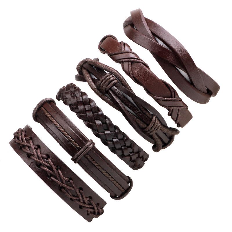 

Men s High-End Leather Bracelet Set: Woven Cowhide Waxed Cord, Versatile Six-Piece Collection