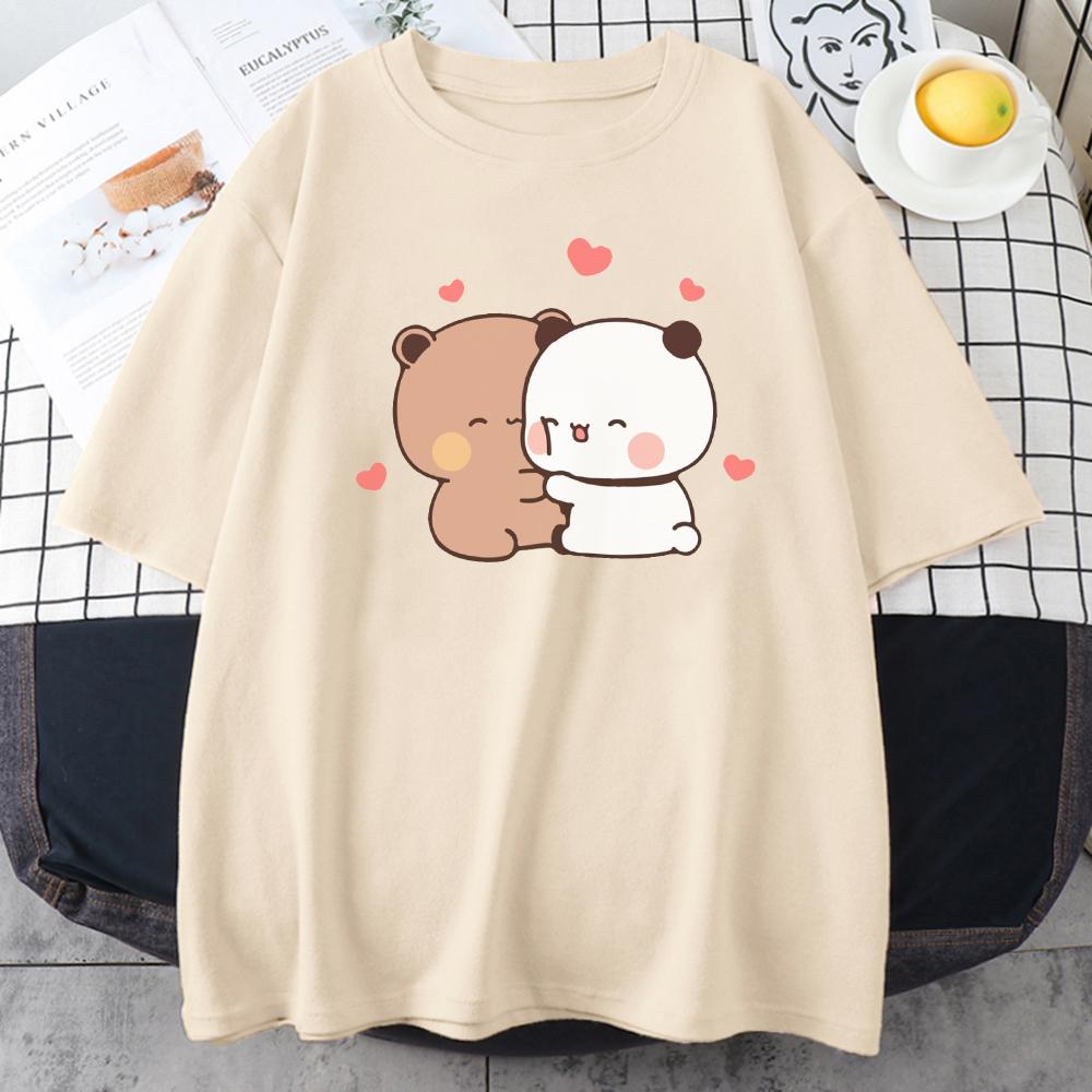 Panda Bear Bubu and Dudu Cute T Shirt Oversized EU Size 100 Cotton Women Tops Cartoon Print Pink Tees ONeck Anime Korean Style