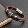 Luxury Vintage Brown Leather Men Bracelet Stainless Steel Bead Wrist Bangle Christmas Gifts for Him