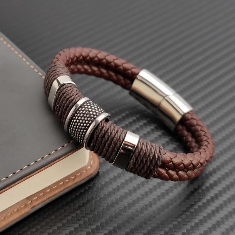 Luxury Vintage Brown Leather Men Bracelet Stainless Steel Bead Wrist Bangle Christmas Gifts for Him