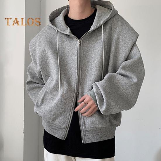 Men Sweatshirt Hooded Drawstring Long Sleeve Zipper Placket Sport Coat with Pockets Solid Color Loose Fit Casual Outwear