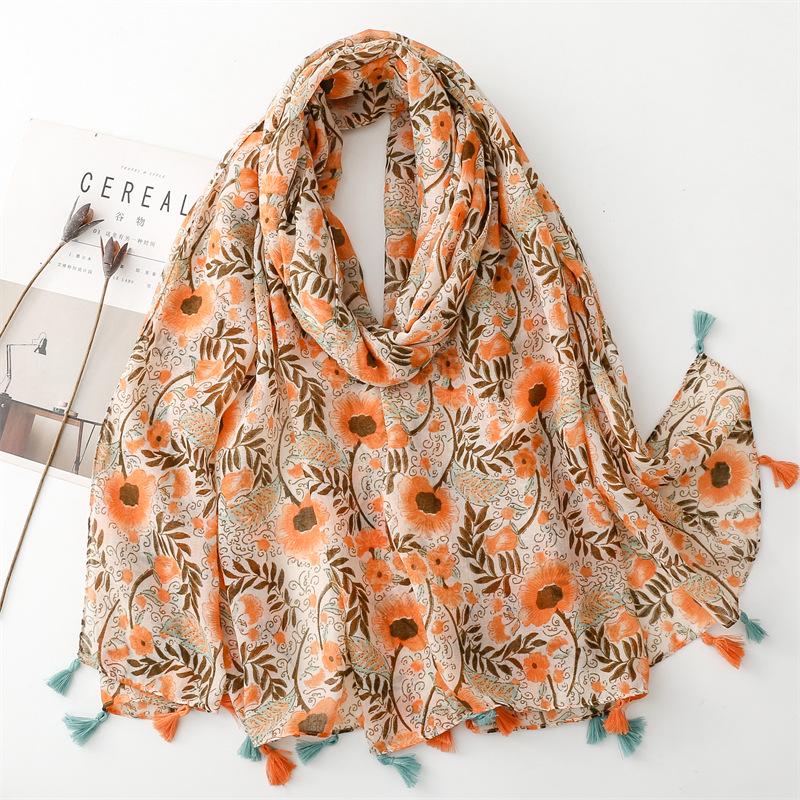 Yitao Women's Ethnic Cotton-Linen Scarf: Orange Wheat Ear Tassel Design, Ideal for Travel, Beach, or Shawl Use