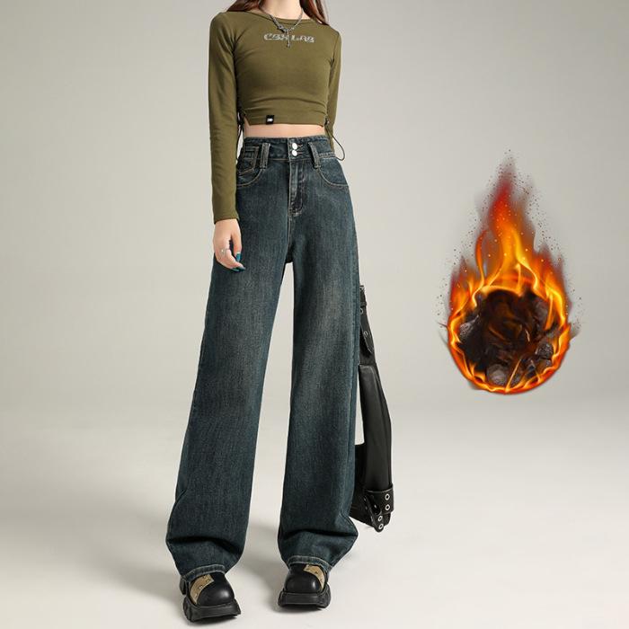 Džíny s vysokým pasem úzkého střihu se širokými nohavicemi pro ženy na podzim a zimu plus sametové džíny pro ženy na podzim a zimu