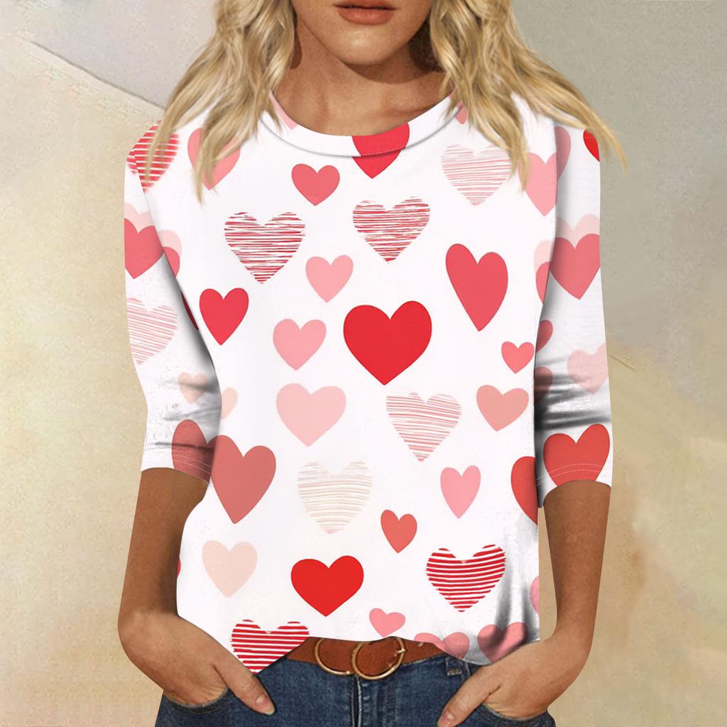 Women's Fashionable Casual Three-quarter Sleeve Valentine's Day Printed Round Neck Top