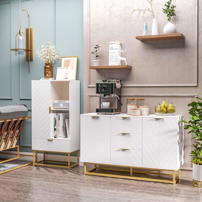 Sideboard - Kitchen Storage Unit - HOMCOM - Contemporary Graphic Design 2 Cupboards 3 Drawers - Wood - 120x40x76cm - Golden White