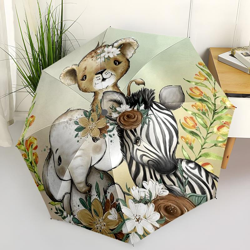 Cartoon Forest Animals Folding Umbrella Auto-Open Design 8 Iron Ribs Plastic Handle Foldable Sunshade Perfect Christmas Gifts