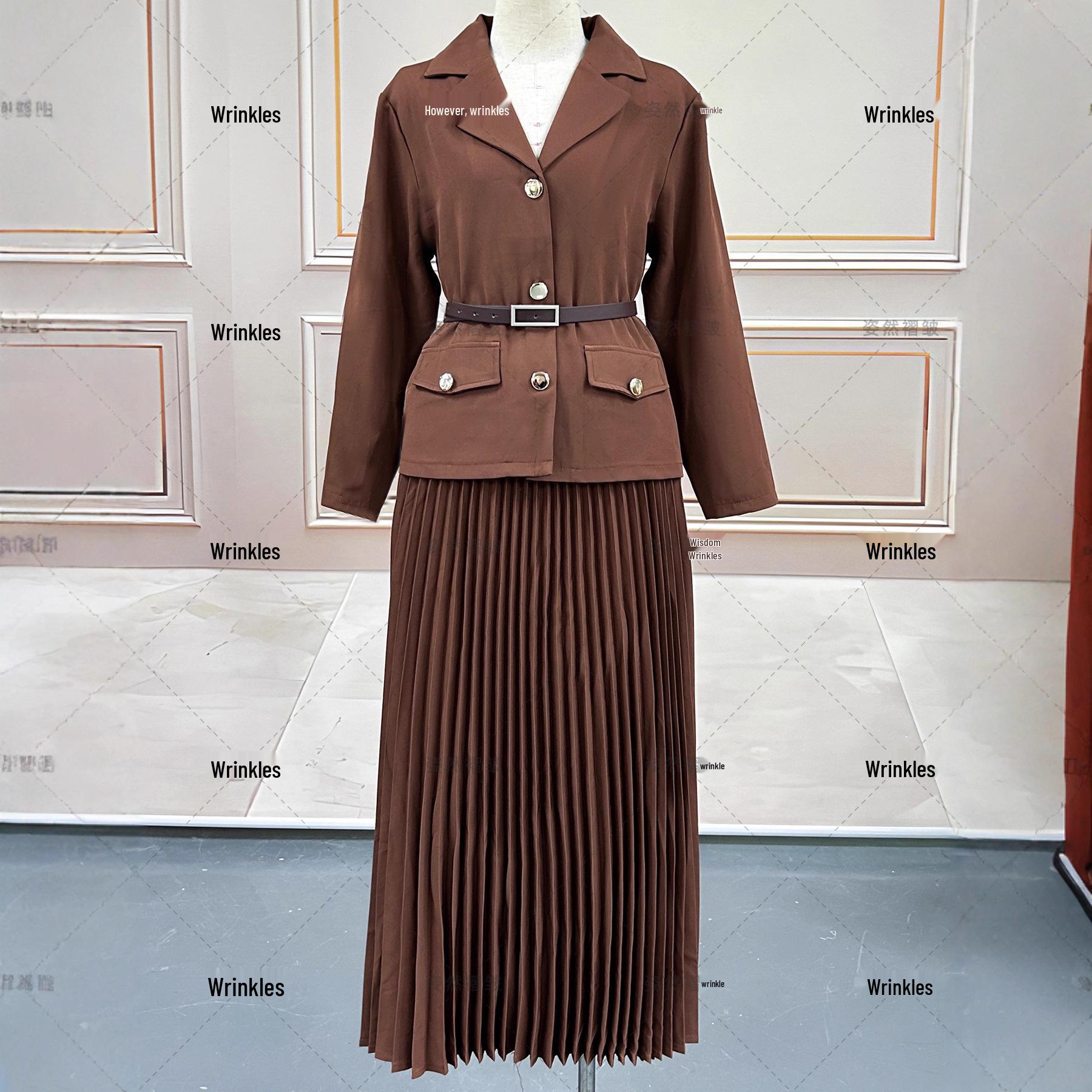 

Плиссированный женский модный комплект большого размера: Осенний топ и плиссированная длинная юбка, костюм-двойка.