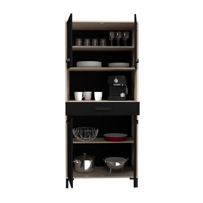 Buffet de cuisine FACTORY - Décor chêne et noir - 2 portes + 1 tiroir - Modulable - L 80 x P 43,3 x H 185 cm