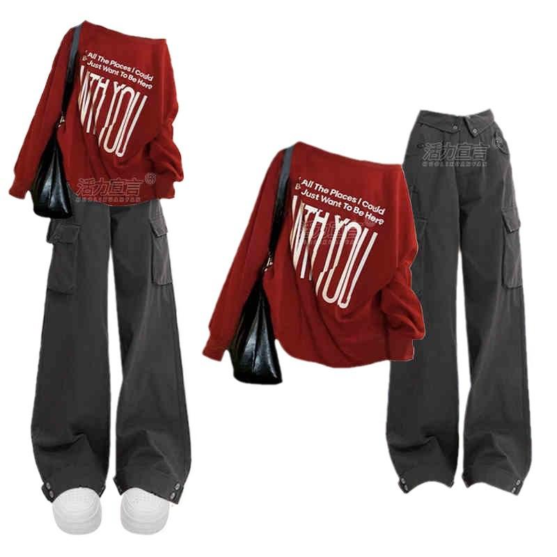 "2024 Retro Red Off-Shoulder Sweatshirt & Overalls Set for Women"