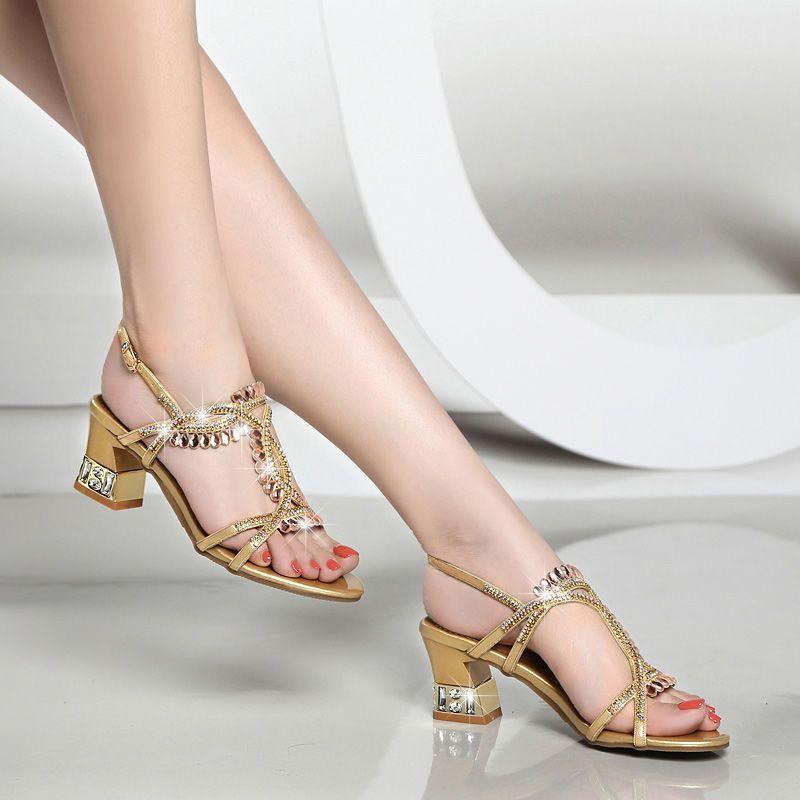 Sommer Damenmode Zehenfrei Glänzende Strassschnalle Dicke Hohe Absätze Sandalen Strass Gladiator Hochzeit Kleidschuhe