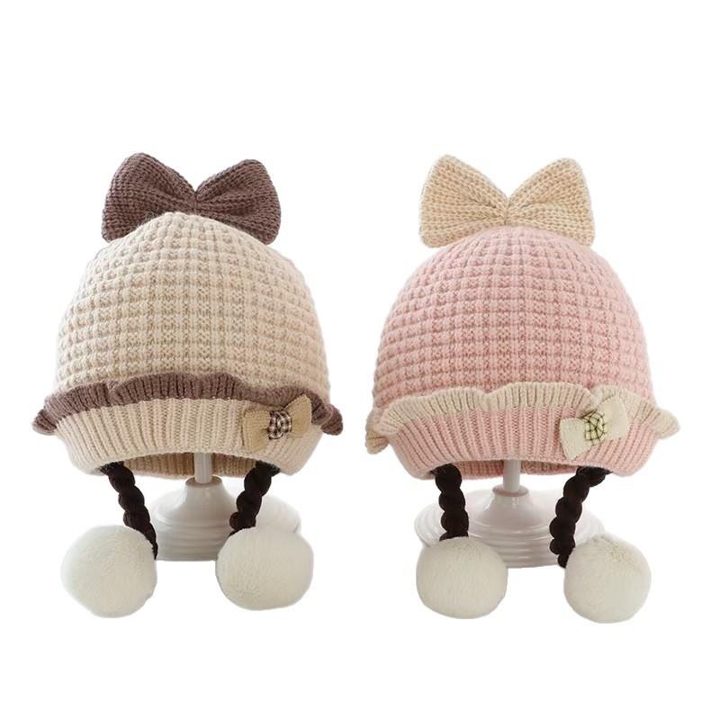Baby Knit Hat Girls With Bow Braids Cartoon Design Soft Warm Beanie Infants 0-2 Years