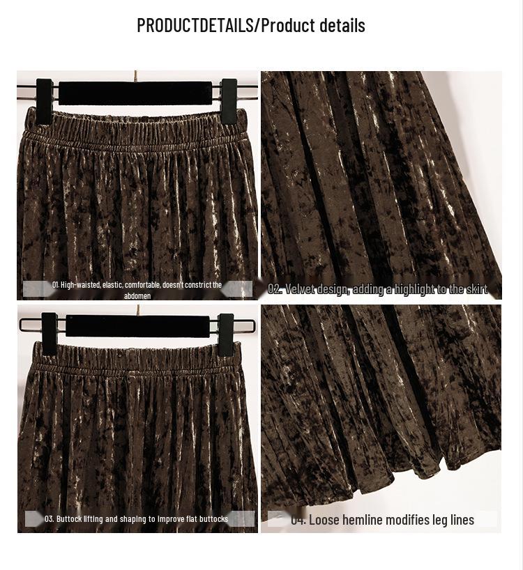Pleated Velvet A-Line Skirt: Women's Versatile Mid-Length High-Waisted Slimming Style for Autumn and Winter