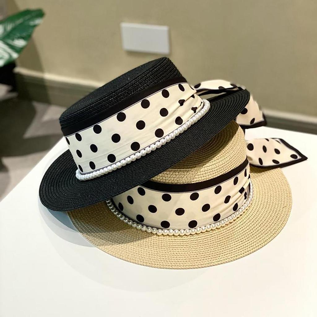 Elegant Lady Cowboy Straw Hat with Polka Dot Ribbon and Wide Brim for Women