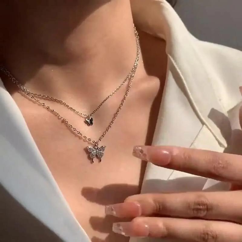 New Shiny Silver Butterfly Necklace Exquisite Double Layer Clavicle Chain Fashion Jewelry Gift for Women