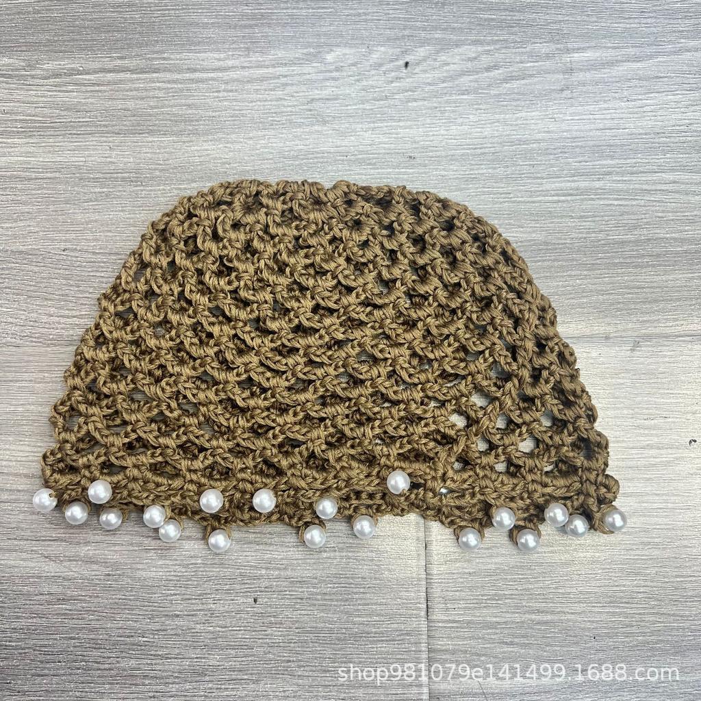 European and American New Hand-crocheted Hollow Pearl Fringed Bag Head Hat Women's Summer Breathable Knitted Wool Hat Retro Cold Hat