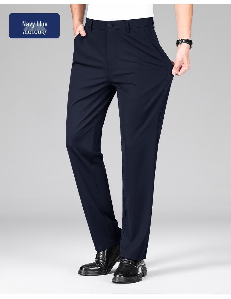 Men's Ice Silk Stretch Business Casual Dress Pants – Middle-Aged, Solid Color, Iron-Free Trousers