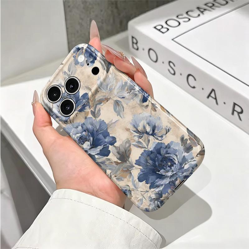 Vintage Distressed Pastel Blue Floral Peony Watercolor Art Graphic Film Aesthetic Protective ShockproofBumperCase Cover For iPhone1415161718ProMaxPlus
